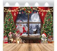 ASDCXZ Fondo de Navidad 2,7x1,8 m, Papá Noel Que Viene Ventana Árbol de Navidad Escena de Nieve Fondo con Purpurina Vinilo Celebración Familiar Adornos de Fiesta Fotografía telón de Fondo Banner