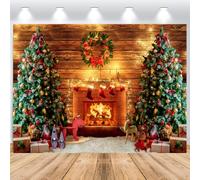 ASDCXZ Fondo de Navidad 3x2,5 m, Árbol de Navidad Verde Chimenea Calcetines de árbol Regalo Ciervo Fondo de Madera Vinilo Celebración Familiar Fiesta Adornos fotografía telón de Fondo Banner