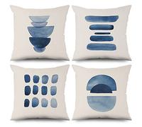 ASDCXZ Funda de cojín estilo bohemio 45x45 cm Set de 4, Moderno patrón de medio círculo en acuarela, Beige y Azul, Cojín decorativo para sofá, Fundas de cojín lavables de poliéster y lino, Textil