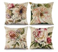 ASDCXZ Funda de Cojín Flor 50x50 cm Juego de 4, Cojín de Sofá Retro Flor de Rosa Beige Funda de Cojín Lavable Poliéster Lino Textil Tapicería