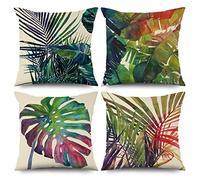 ASDCXZ Funda de cojín verde de 40 x 40 cm, juego de 4 unidades, diseño primaveral de acuarela y hojas verdes, fundas de cojín para sofá, fundas de cojín lavables de poliéster y lino, para exterior