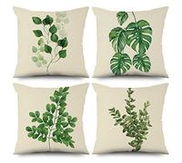 ASDCXZ Funda de cojín verde de 40 x 40 cm, juego de 4 unidades, minimalismo, primavera, verde, hojas, sofá, funda de cojín, lavable, poliéster, lino, textil para exteriores, funda de almohada