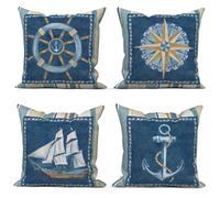 ASDCXZ Fundas de Cojines Marítimos 50x50 cm Juego de 4, Azul Beige Brújula de Ancla Veleros Fundas de Cojines para sofá Funda de Almohada Textil de Lino de poliéster Lavable