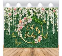 ASDCXZ Hierba Verde Telón de Fondo de Baby Shower 2,2x1,5m, Oh bebé Oro Flores Rosa Vinilo Fondo de fotografía Neutro para Baby Shower Fiesta de cumpleaños recién Nacido decoración de Mesa de Pastel