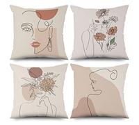ASDCXZ Juego de 4 Fundas de Almohada Boho de 50 x 50 cm, modernasdiseño abstractolínea de Arte para niñasfloresbeisfundas de cojín Lavables de poliéster y Lino Textil