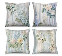 ASDCXZ Juego de 4 fundas de cojín con flores de 40 x 40 cm, diseño retro a rayas azules, amarillas, rosas y hojas, funda de cojín decorativa, lavable de poliéster y lino para exterior