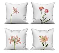 ASDCXZ Juego de 4 Fundas de Cojín de Primavera 40 x 40 cm - Diseño de Rosas Frescas y Flores Blancas - Decorativas Para Sofá, Lavables, de Poliéster y Lino