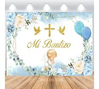 ASDCXZ Mi Bautizo Telón de Fondo 1,5x1m, Globo de Flores Azules Dorado Primera Comunión Vinilo Fondo de Fotografía para Niño Comunión Bautismo Baby Shower Fiesta Fotomatón Accesorios