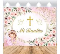 ASDCXZ Mi Bautizo Telón de Fondo 1,8x1,2m, Flores Rosadas Hojas Doradas Primera Comunión Vinilo Fondo de Fotografía para Niña Comunión Bautismo Baby Shower Fiesta Fotomatón Accesorios
