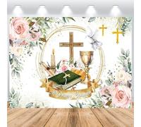 ASDCXZ Mi Bautizo Telón de Fondo 2,2x1,5m con Flores Rosas Hojas Verdes, Grial Primera Comunión Vinilo para Fotografía, Bautismo Baby Shower Fiesta Accesorios para Sesión de Fotos