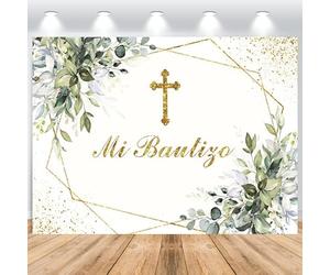 ASDCXZ Mi Bautizo Telón de Fondo 2,2x1,5m, Eucalipto Verde Primera Comunión Bautismo Vinilo Fondo de Fotografía para Comunión Recién Nacido Baby Shower Decoración de Fiesta Accesorios para Fotomatón
