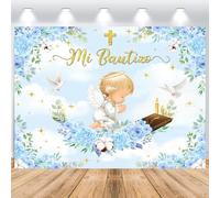 ASDCXZ Mi Bautizo Telón de Fondo 2,2x1,5m, Flores Azules Doradas Bendición de Dios Primera Comunión Vinilo Fondo de Fotografía para niño Comunión Bautismo Baby Shower Fiesta Fotomatón Accesorios