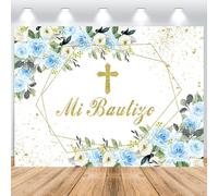 ASDCXZ Mi Bautizo Telón de Fondo 2,2x1,5m, Flores Azules Hojas Doradas Primera Comunión Vinilo Fondo de Fotografía para Niño Comunión Bautismo Baby Shower Fiesta Fotomatón Accesorios