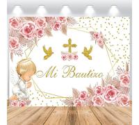ASDCXZ Mi Bautizo Telón de Fondo 2,2x1,5m, Flores Rosadas Boho Bendición Dios Dorada Primera Comunión Vinilo Fondo de Fotografía para Niña Comunión Bautismo Baby Shower Accesorios para Fotomatón
