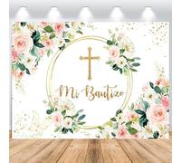 ASDCXZ Mi Bautizo Telón de Fondo 2,2x1,5m, Rosa Flores Blancas Hojas Verdes Primera Comunión Vinilo Fondo de Fotografía Comunión Bautismo Baby Shower Fiesta Fondo Accesorios para Sesión de Fotos