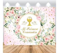 ASDCXZ Mi Bautizo Telón de Fondo 2,5x1,8m, Flores Rosadas Hojas Verdes Primera Comunión Vinilo Fondo de Fotografía para Niña Comunión Bautismo Baby Shower Fiesta Fotomatón Accesorios