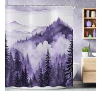 ASDCXZ Morado Brumoso Bosque Cortina de Ducha 180x200 cm, Montaña Pino Bosque Brumoso Paisaje Árbol Rústico Impermeable Cortina de Baño Textil Lavable Cortinas Ducha para Bañera con 12 Ganchos