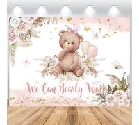 ASDCXZ Oso Telón de Fondo de Baby Shower 2,2x1,5m, We Can Bearly Wait Boho Rosa Flores para Niño Vinilo Fondo de Fotografía Baby Shower Cumpleaños Recién Nacido Fiesta decoración de Mesa de Pastel