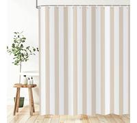 ASDCXZ Rayas Cortina de Ducha 120x180 cm, Moderno Minimalista Japonés Estilo Beige y Blanco Vertical Rayas Impermeable Cortina de Baño Textil Lavable Cortinas Ducha para Bañera con 8 Ganchos