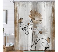 ASDCXZ Rústico Cortijo Cortina de Ducha 180x180 cm, Vendimia Granja Bronceado Margarita Flores Mariposa Impermeable Baño Cortina Poliéster Textil Lavable Cortinas Ducha para Bañera con 12 Ganchos
