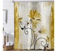 ASDCXZ Rústico Cortijo Cortina de Ducha 180x200 cm, Vendimia Granja Amarillo Margarita Flores Mariposa Impermeable Baño Cortina Poliéster Textil Lavable Cortinas Ducha para Bañera con 12 Ganchos