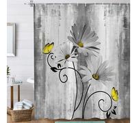 ASDCXZ Rústico Cortijo Cortina de Ducha 180x200 cm, Vendimia Granja Gris Margarita Flores Mariposa Impermeable Baño Cortina Poliéster Textil Lavable Cortinas Ducha para Bañera con 12 Ganchos
