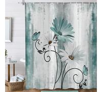 ASDCXZ Rústico Cortijo Cortina de Ducha 180x200 cm, Vendimia Granja Verde Azulado Margarita Flores Mariposa Impermeable Baño Cortina Poliéster Textil Lavable Cortinas Ducha para Bañera con 12 Ganchos