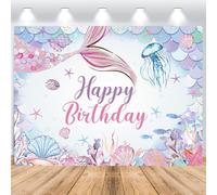 ASDCXZ Sirena Telón de Fondo de Cumpleaños 2.2x1.5m, Bajo el mar Rosa púrpura Concha de Coral Medusa Fotografía Fondo Niña Princesa 1º 2º 3º Fiesta de cumpleaños Pastel Mesa Decoraciones Banner