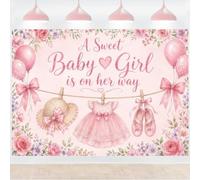 ASDCXZ Telón de Fondo Baby Shower para Niña 2.5x1.8m, A Sweet Baby Girl is on her way Vestido Rosa Pajarita Floral Fondo de Fotografía para Chica Bienvenida al Bebé Fiesta Mesa de Pastel Decor Bandera