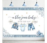 ASDCXZ Telón de Fondo Baby Shower para Niños 2.2x1.5m, A Blue Jean Baby is on the Way Linda Jean Ropa Diamond Fondo de Fotografía para Chico Bienvenida al Bebé Fiesta Mesa de Pastel Decoración Bandera
