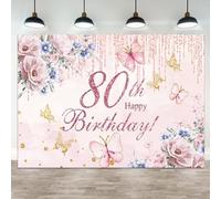 ASDCXZ Telón de Fondo de 7 x 5 pies con Texto en inglés Happy 80th Birthday para Mujeres, Fondo de fotografía de Flores, Rosa, Floral, Dorado, Mariposa, Abuela, Fiesta de 80 cumpleaños, decoración