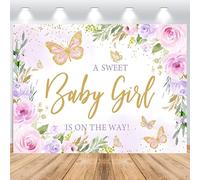 ASDCXZ Telón de Fondo de Baby Shower para Niña 1,8x1,2m, Flores Rosas y moradas Mariposa Vinilo Fondo de fotografía para niña Baby Shower cumpleaños recién Nacida Fiesta decoración de Mesa de Pastel