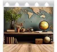 ASDCXZ Telón de Fondo de Mapa del Mundo 3.6x2.5m, Vintage Escritorio Mesa Libros Globo Terráqueo Mapamundi Bienvenidos de Nuevo a Clases Tema Fondo de Fotografía para Aula Fiesta Decoración Banner