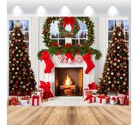 ASDCXZ Telón de fondo de Navidad 2,2x1,5 m, Chimenea Árbol Rojo Calcetines Caja de Regalo Árbol de Navidad Telón de Fondo Vinilo Celebración Familiar Adornos de Fiesta Fotografía Telón de Fondo Banner