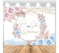 ASDCXZ Telón de Fondo de Revelación de Género 2,2x1,5m, Él o Ella Boho Rosa Azul Flores Hojas Fondo de Fotografía de Vinilo para Baby Shower Banner Decoraciones Accesorios de Cabina