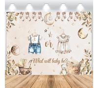 ASDCXZ Telón de Fondo de Revelación Género 3.6x2.5m, Boho Beige Ropa de bebé Calcetines Hojas Sol Luna Osito telón de Fondo Decor, Vinilo fotografía de Fondo para Fiesta de cumpleaños de Baby Shower