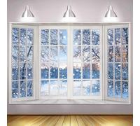 ASDCXZ Telón de Fondo Invierno Ventana 3x2.5m, Ventana Blanca Escena de Nieve Invierno Pinos Bosque Paisaje Natural Fondo de Fotografía Navidad Año Nuevo Fiesta Decor Banner Estudio Accesorios