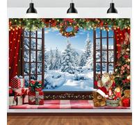 ASDCXZ Telón de Fondo Navidad 2.5x1.8m, Ventana de Invierno Bosque de Nieve Montaña Árbol de Navidad Fondo de Fotografía Xmas Año Nuevo Tema Familia Decoraciones de Fiesta Banner Accesorios de Foto
