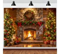 ASDCXZ Telón de Fondo Navidad 2.7x1.8m, Interior Piedra Chimenea con Fuego Árbol de Xmas Cabaña de Madera Escena Fondo de Fotografía Navidad Familia Fiesta Decoraciones Banner Accesorios de Foto