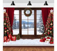 ASDCXZ Telón de Fondo Navidad 3.6x2.5m, Ventana Escena de Nieve de Invierno Bosque Árboles de Navidad Fondo de Fotografía Xmas Año Nuevo Tema Familia Decoraciones de Fiesta Banner Accesorios de Foto