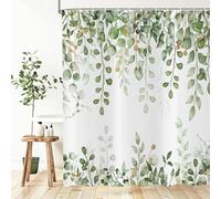ASDCXZ Verde Eucalipto Cortina de Ducha 180x200 cm, Acuarela Hojas de Eucalipto Flores Cottagecore Planta Impermeable Cortina de Baño Textil Lavable Cortinas Ducha para Bañera con 12 Ganchos