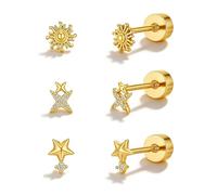Asdecy 3 Pares Estrella Sol Pendientes Mujer Baño Oro Dorados 14Kt Zirconia Cúbica Hipoalergenicos Pendientes Piercing Oreja Minimalistas Joyas Regalos de Mujer
