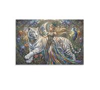 ASDFGHJKLZA Art Nouveau Mucha Cuadros Lienzos Decorativos Decoracion Pared Salon mujer mistica tigre blanco flores pavo real 24x36inch(60x90cm)