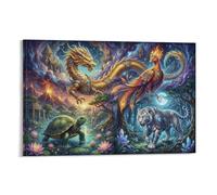 ASDFGHJKLZA Cuatro Bestias Mitológicas Cuadros Lienzos Decorativos Decoracion Pared Salon Dragón Fénix Tigre Arte 12x18inch(30x45cm)