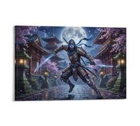 ASDFGHJKLZA Guerrero Ninja Japones Cuadros Lienzos Decorativos Decoracion Pared Salon Luna Llena Pagoda Noche 08x12inch(20x30cm)
