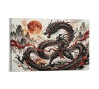 ASDFGHJKLZA Samurái Japonés Dragón Cuadros Lienzos Decorativos Luna De Sangre Arte Tinta Decoracion Pared Salon 20x30inch(50x75cm)