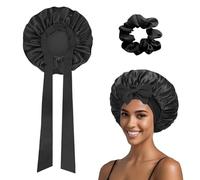 ASDIIT Gorro de seda de doble capa para dormir, gorro de satén ajustable para cabello rizado y lazo de seda, regalos de cuidado personal para mujeres y hombres (negro)
