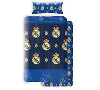 Asditex Juego de Sábanas Coralina Real Madrid, 3 Piezas (1 Sábana Encimera, 1 Funda de Almohada y 1 Sábana Bajera), Diseño con Escudos del Real Madrid Azul. (150 cm)
