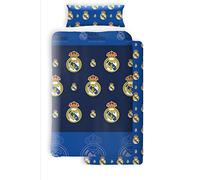 Asditex Juego de Sábanas Coralina Real Madrid, 3 Piezas (1 Sábana Encimera, 1 Funda de Almohada y 1 Sábana Bajera), Diseño con Escudos del Real Madrid Azul. (135 cm)