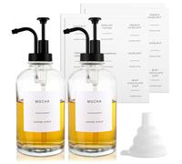 Aselected 2 dispensadores de Jarabe de café de 500 ml, Botella de Jarabe de Vidrio con 4 Hojas de 36 Etiquetas Impermeables y Embudo, Bomba